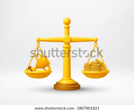 Yellow 3d scale weighing trophy cup against stack of gold coins. Balanced comparison between success and money. Financial choice, business value, profit versus achievement concept.
