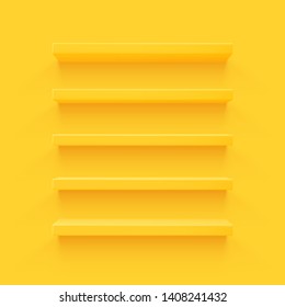 Yellow 3d shelf on the wall. Wooden horizontal realistic empty shelf.