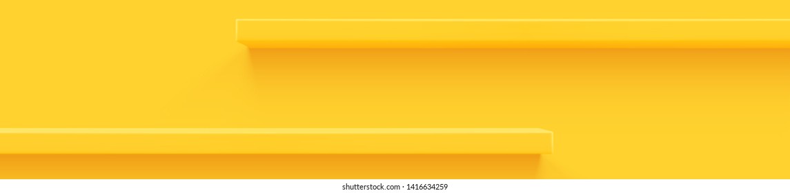 Yellow 3d shelf on the wall. Wooden horizontal realistic empty shelf.