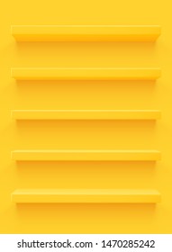 Yellow 3d shelf on the wall. Wooden horizontal realistic empty shelf.
