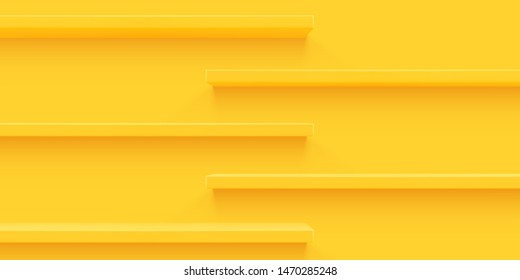 Yellow 3d shelf on the wall. Wooden horizontal realistic empty shelf.