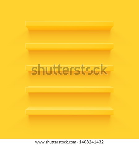 Yellow 3d shelf on the wall. Wooden horizontal realistic empty shelf.