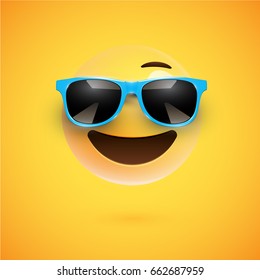 Sorriso 3D amarelo com óculos de sol no fundo amarelo, ilustração vetorial