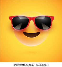 Yellow 3D smiley with sunglasses on yellow background, vector illustration