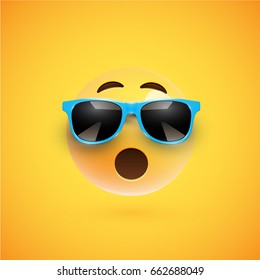 Yellow 3D smiley with sunglasses on yellow background, vector illustration