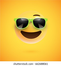 Yellow 3D smiley with sunglasses on yellow background, vector illustration
