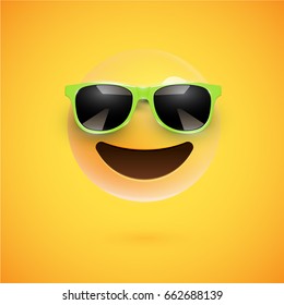 Yellow 3D smiley with sunglasses on yellow background, vector illustration