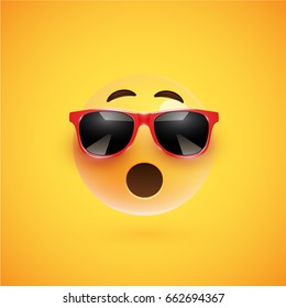 Yellow 3D smiley with sunglasses on yellow background, vector illustration