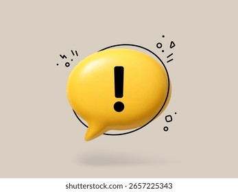 Burbuja de voz 3D amarilla con un signo de exclamación. Concepto de mensaje importante para notificaciones y alertas. Símbolo de atención moderno.