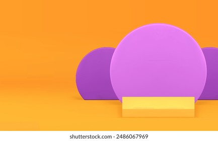 pedestal de podio cuadrado 3d amarillo con fondo de pared de círculo púrpura Ilustración vectorial realista. Exhibición de publicidad comercial geométrica brillante de la sala de exposición para la venta de compras