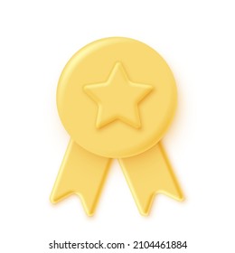 Yellow 3d stamp with ribbons and star isolated on white background. Luxury golden seal. Vector design element