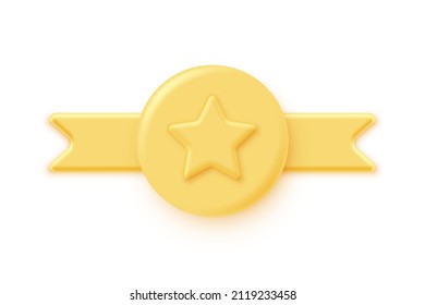 Yellow 3d stamp with ribbons and star isolated on white background. Luxury golden seal. Vector design element
