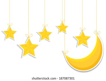 Yellow 3d star and moon isolated in white background. Vector EPS10.