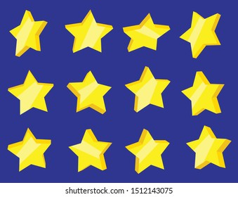 Yellow 3d stars in the sky. Set of glossy shapes. Stars from different sides.  Grading system. Volumetric figures, vector graphics. Night sky.