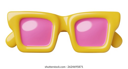 Yellow 3d sunglasses icon. Beach y2k fashion eyeglasses with plastic frame and pink lenses. Realistic vector illustration.