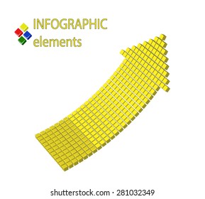 Yellow 3d vector bended arrow with perspective pointing to the up right, consisted from small cubic elements, isolated on white background, business vector background