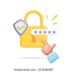 Yellow 3d vector information lock with pin code protection and security logo design. Hand point to secure protection symbol. Protection, safety, lock, password and information security concept