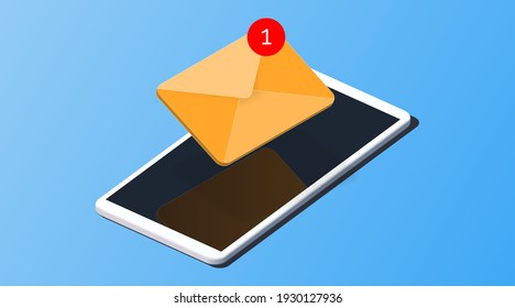 Yellow 3d Vector Mail And Smartphone. Isometric Email Inbox Notice Illustration. Notification Letters Service Concept Background.