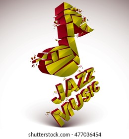 Yellow 3d vector musical note created from refractions isolated on white. Three-dimensional transform music theme design element. Jazz music theme.