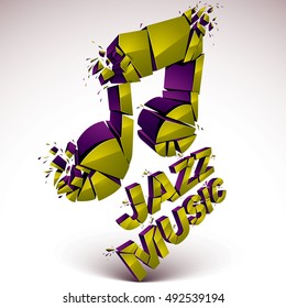Yellow 3d vector musical note created from refractions isolated on white. Three-dimensional transform music theme design element. Jazz music theme.