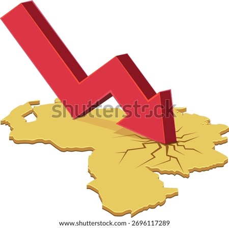 Yellow 3D Venezuela map cracked by a large red arrow crashing down. Concept of economic recession or financial crisis (cut out)