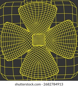 Yellow 3D wireframe mesh of a cross-shaped object with a central box on a dark background