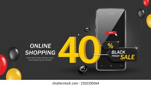 Yellow 40% off text and black friday tag in front of the smartphone for online shopping black friday sale concept,vector 3d for advertising discount promotion