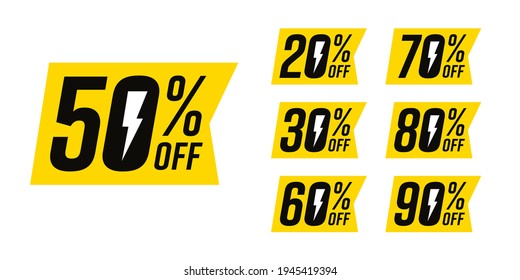 Yellow 50, 20, 30, 60, 70, 80, 90 percent discount sticker. Fashion retail product sale label or badge set in shape of flag with lightning bolt vector illustration isolated on white background