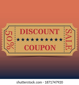 Yellow 50 percent discount coupon in vintage style with shadow on orange background. Vector illustration.