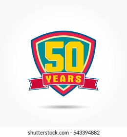 yellow 50 years anniversary on blue shield with red frame and ribbon bellow and shadow effect