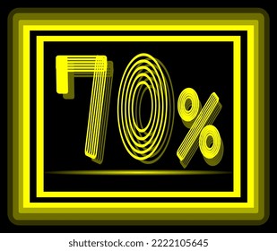 yellow 70% discount tag with shiny frame on a black background for sales, promotions.