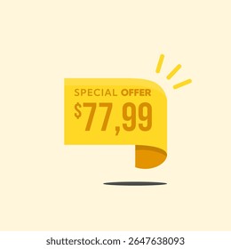 Gele $77.99 tag stijl banner. Reclamecampagne, verkoop, aanbiedingslabel. Vectorillustratie.