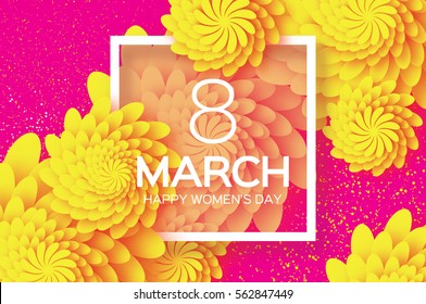 Yellow 8 March. Floral Greeting card. Happy Women's Day. Paper cut flower holiday background ,square Frame and space for text. Origami Trendy Design Template. Happy Mother's Day. Vector illustration