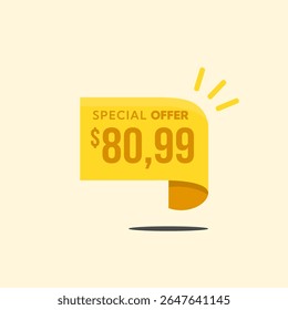Yellow $80.99 tag style banner. Advertising campaign, sales, offer label. Vector illustration.