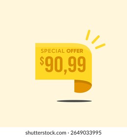 Banner amarelo de estilo de etiqueta $90.99. Campanha publicitária, vendas, etiqueta de oferta. Ilustração vetorial.