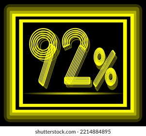 yellow 92% discount tag with shiny frame on a black background for sales, promotions.