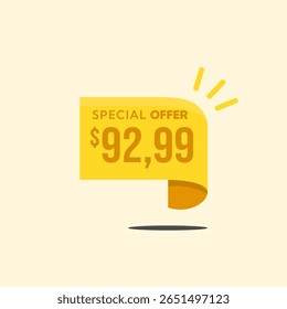 Yellow $92.99 tag style banner. Advertising campaign, sales, offer label. Vector illustration.