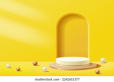 Yellow abstract 3D scene for mockup, White and gold cylinder podium for display product presentation background, Vector illustration