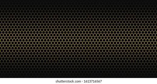 Yellow abstract background. Golden honeycomb pattern. Linear website template on black backdrop. Vector geometric pattern. 