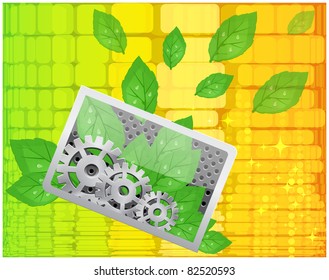 Yellow abstract background with an iron boxes gears and leaves