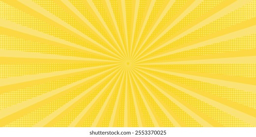 Yellow abstract background with light of sunburst. yellow starburst with halftone. sun ray retro background with flash