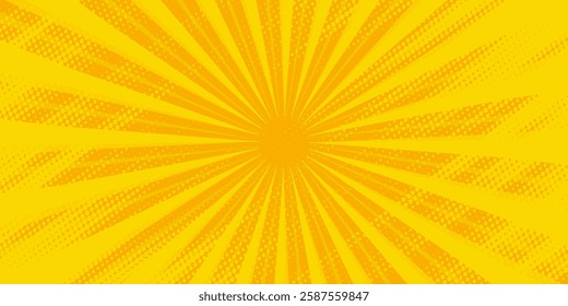 Yellow abstract background with light of sunburst. yellow starburst with halftone. sun ray retro background with flash