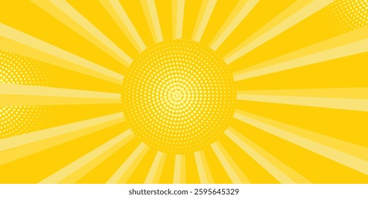 Yellow abstract background with light of sunburst. yellow starburst with halftone. sun ray retro background with flash