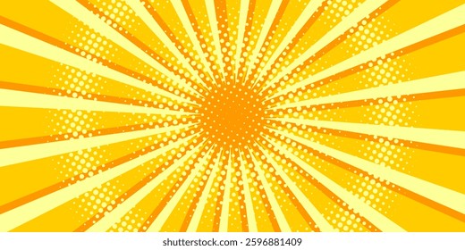Yellow abstract background with light of sunburst. yellow starburst with halftone. sun ray retro background with flash