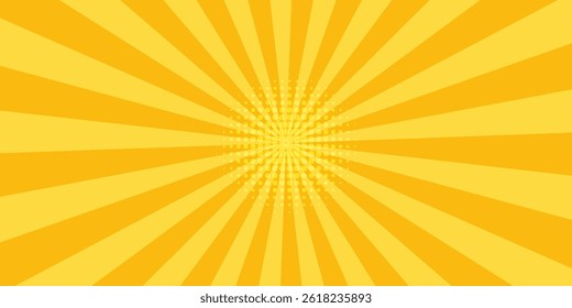 Yellow abstract background with light of sunburst. yellow starburst with halftone. sun ray retro background with flash