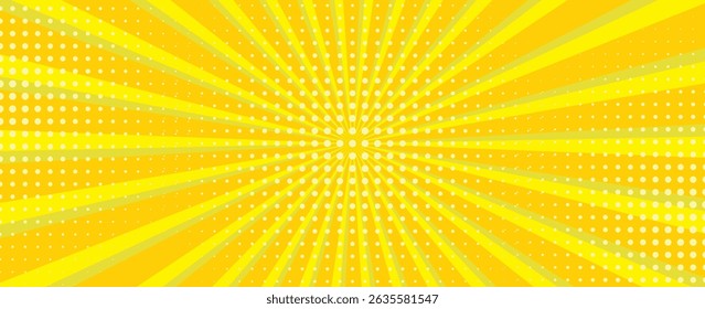 Yellow abstract background with light of sunburst. yellow starburst with halftone. sun ray retro background with flash