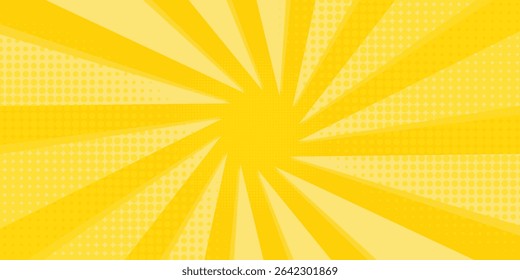 Yellow abstract background with light of sunburst. yellow starburst with halftone. sun ray retro background with flash