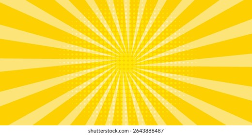 Yellow abstract background with light of sunburst. yellow starburst with halftone. sun ray retro background with flash