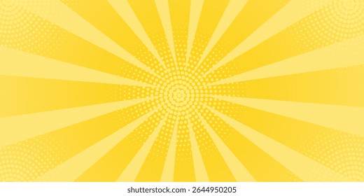 Yellow abstract background with light of sunburst. yellow starburst with halftone. sun ray retro background with flash