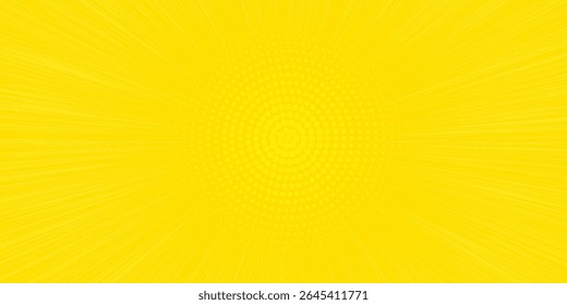 Yellow abstract background with light of sunburst. yellow starburst with halftone. sun ray retro background with flash